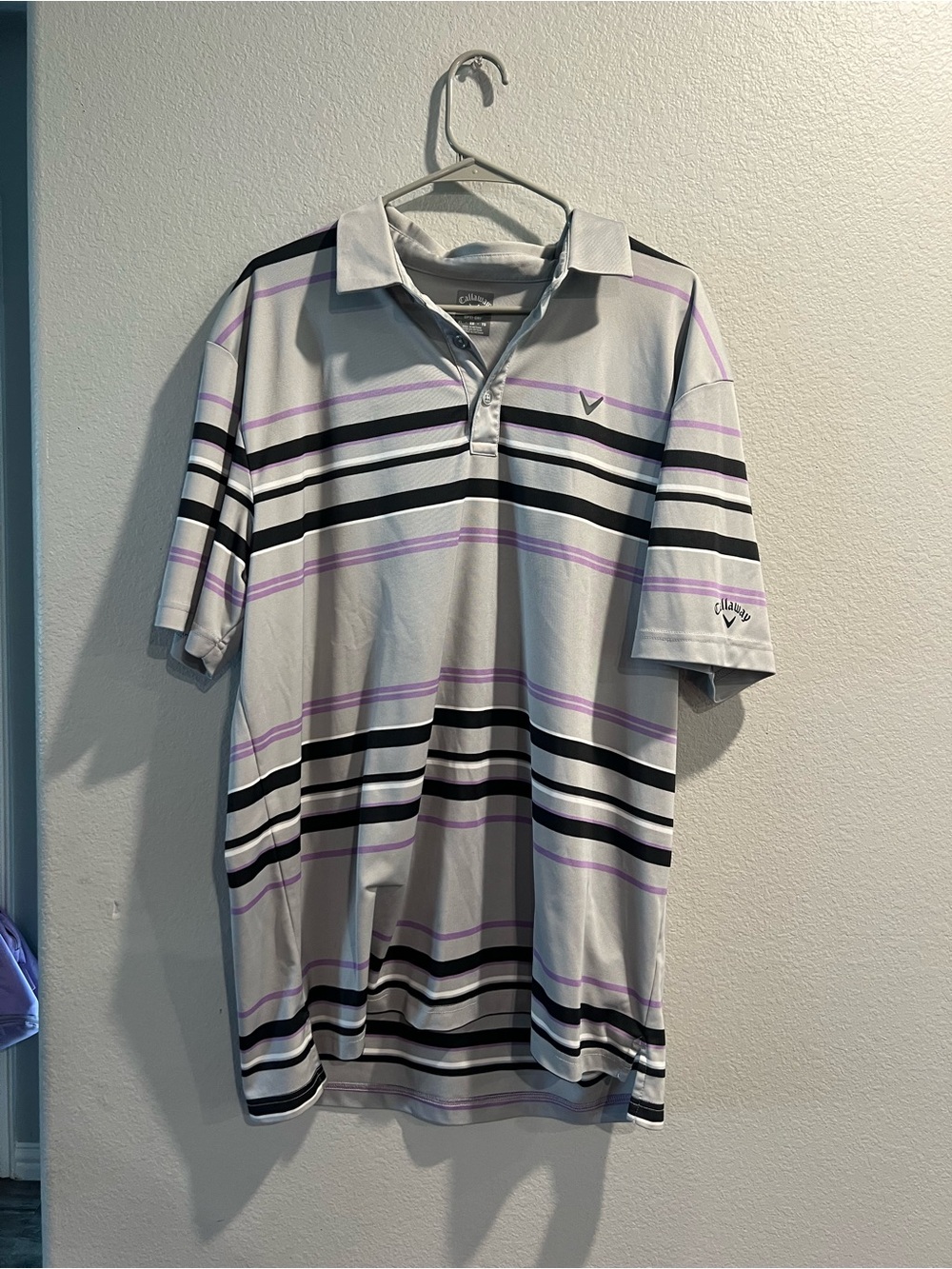 Callaway Light Gray Polo with Black and Lavender Stripes